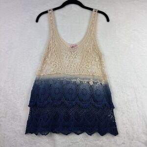 Dolled Up By FANG Tank Top Women's Size M Cotton Lace Tiered Ambre Ivory Blue